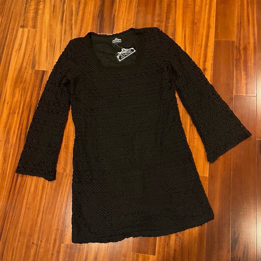 New NWT‎ Angie Black Dress Crochet Long Sleeve Knee Length Knit Lined Size Large